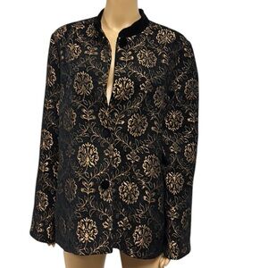 Laura Ashley Black Bronze Tapestry and Velvet Button Up Peacoat Jacket Womens L